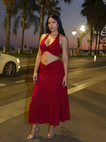 Autumn Sets Women's Fashion Plain Sleeveless Halter Neck Crop-Top Layered Ruffled Waist Skirts Daily Sets