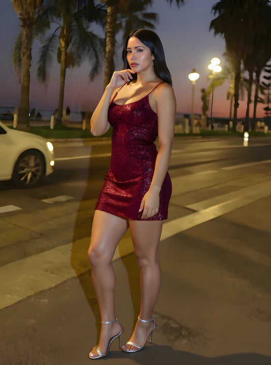 Autumn Dresses Women's 2025 Sexy Plain Sequins Spaghetti Strap Square Neck Mini Dating Party Wrap Dresses