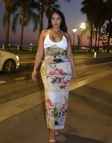 Autumn Dresses Women's 2025 Elegant Floral Printing Sleeveless Halter Neck Draped Midi Party Bodycon Dresses