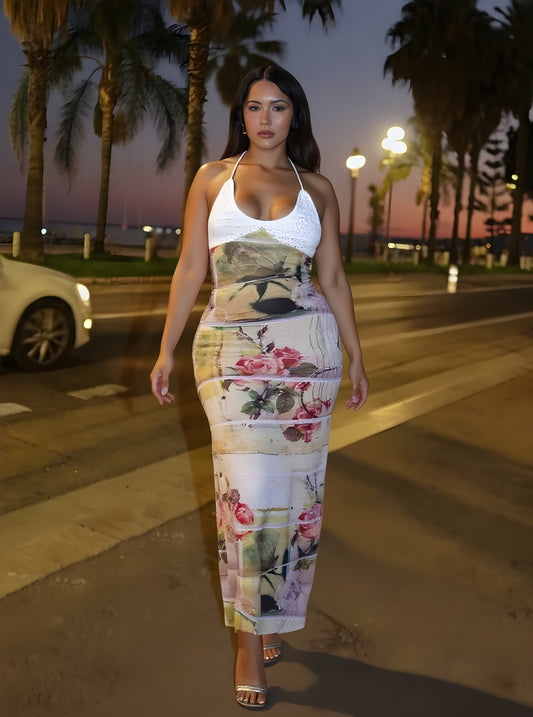 Autumn Dresses Women's 2025 Elegant Floral Printing Sleeveless Halter Neck Draped Midi Party Bodycon Dresses