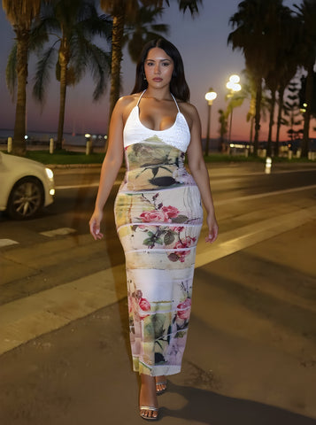 Autumn Dresses Women's 2025 Elegant Floral Printing Sleeveless Halter Neck Draped Midi Party Bodycon Dresses