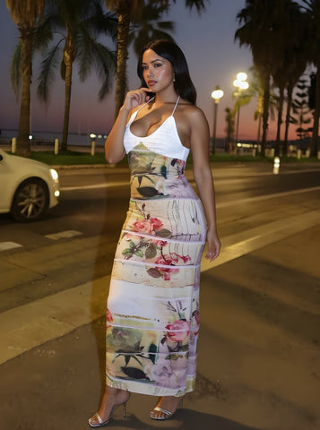 Autumn Dresses Women's 2025 Elegant Floral Printing Sleeveless Halter Neck Draped Midi Party Bodycon Dresses