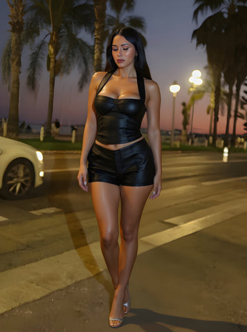 Autumn Sets Women's Fashion Plain Sleeveless Halter Neck Cropped Tanks Wrap Shorts Daily Basic Sets