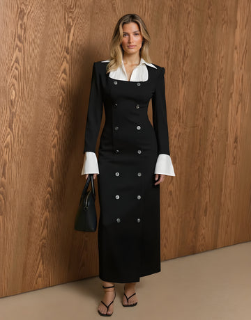 Women's Autumn Dresses Decent Solid Color Long Sleeve Shirt Collar Double Breasted Office Lady Midi Dresses