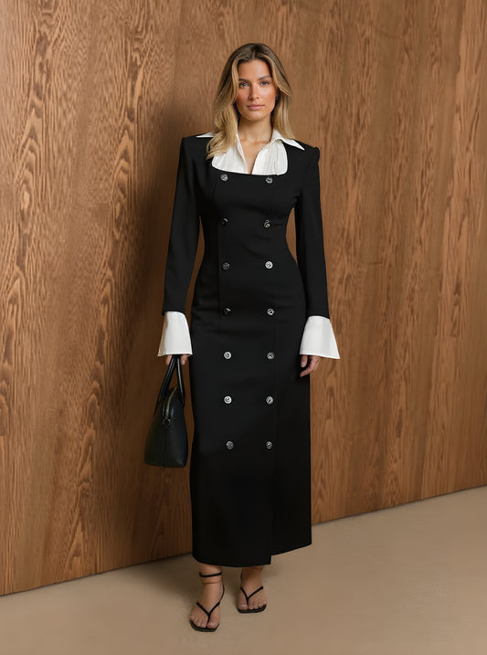 Women's Autumn Dresses Decent Solid Color Long Sleeve Shirt Collar Double Breasted Office Lady Midi Dresses
