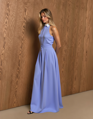 Women's Autumn Dresses Decent Solid Color Sleeveless Shirt Collar Button Evening Formal Maxi Dresses