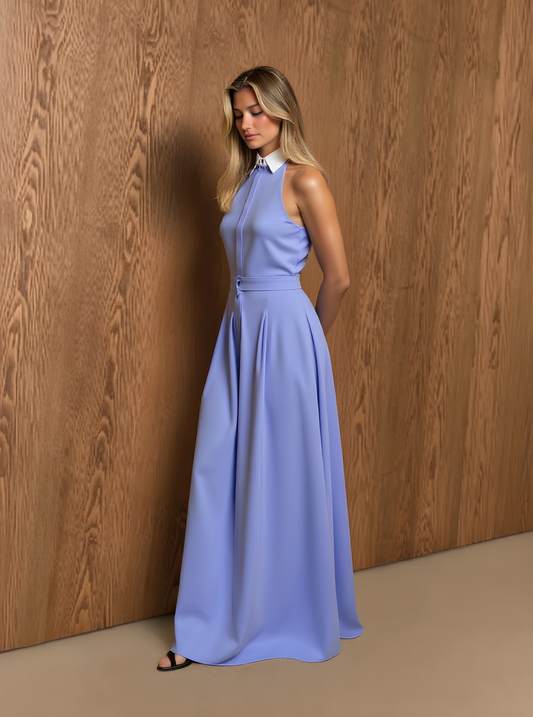 Women's Autumn Dresses Decent Solid Color Sleeveless Shirt Collar Button Evening Formal Maxi Dresses