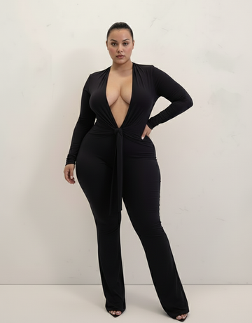 Plus Size Women's Autumn Jumpsuits 2025 Classic Chic Plain Long Sleeve V-Neck Lace-Up Fitting Slim Casual Jumpsuits