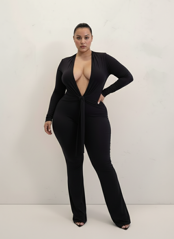 Plus Size Women's Autumn Jumpsuits 2025 Classic Chic Plain Long Sleeve V-Neck Lace-Up Fitting Slim Casual Jumpsuits