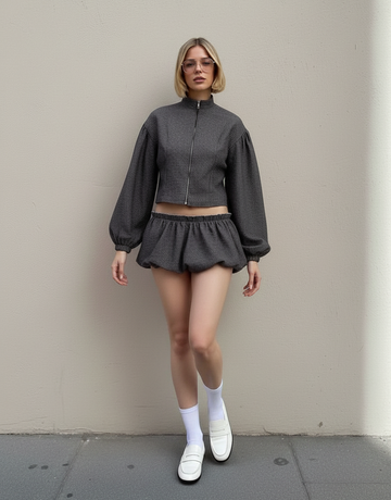 Women's Sets Autumn Fashion 2025 Plain Long Sleeve Separated Zipper Jackets Basics Mini Bubble Skirts Sets