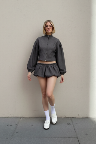 Women's Sets Autumn Fashion 2025 Plain Long Sleeve Separated Zipper Jackets Basics Mini Bubble Skirts Sets