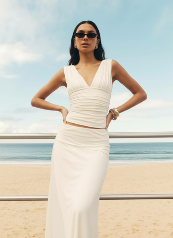 Autumn Sets Women's Fashion Plain Sleeveless V-Neck Folds Crop-Top Draped Midi Skirts Daily Basic Sets