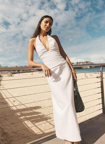 Women's 2025 Summer Dresses Elegant Solid Color Sleeveless Halter Neck Daily Basic Midi Evening Dresses