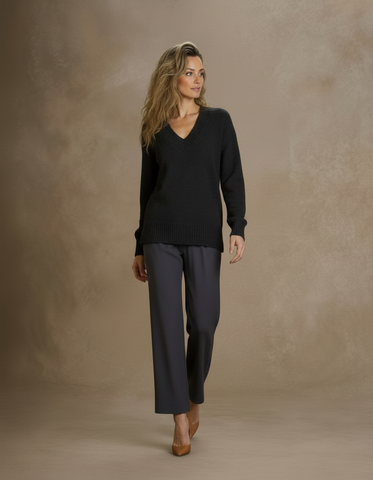 Women's Autumn Sweater 2025 Simple Plain Screw Thread Long Sleeve V-Neck Skinny Fit Daily Sweater