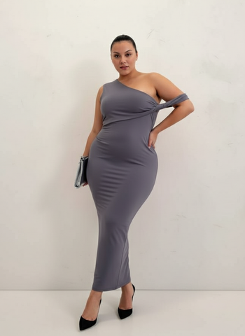Plus Size Women's Autumn Dresses 2025 Classic Chic Plain Sleeveless One Shoulder Folds Fitting Slim Casual Dress