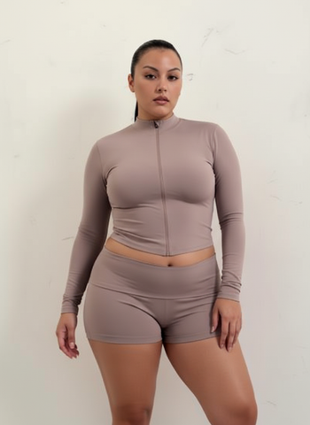 Plus Size Women's Sets Autumn Fitting Slim Korean Plain Long Sleeve Crew Neck Zipper Top High Waist Short Sport Sets