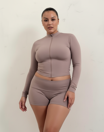 Plus Size Women's Sets Autumn Fitting Slim Korean Plain Long Sleeve Crew Neck Zipper Top High Waist Short Sport Sets