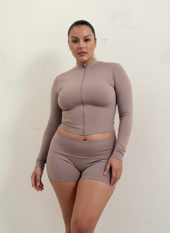 Plus Size Women's Sets Autumn Fitting Slim Korean Plain Long Sleeve Crew Neck Zipper Top High Waist Short Sport Sets