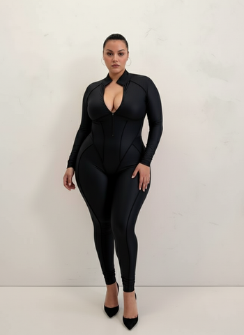 Plus Size Autumn Women's Jumpsuits Casual Basics Solid Color Long Sleeve Mock Neck Cut-Out Ankle Slim Daily Jumpsuits