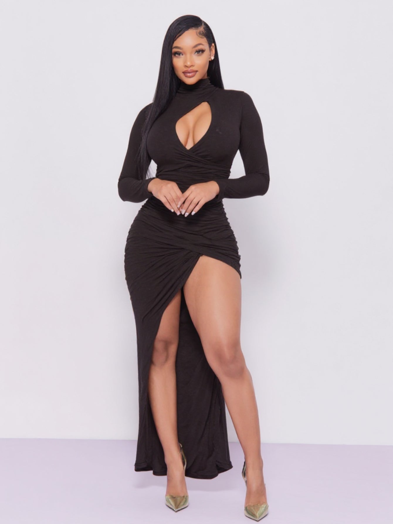 2025 Autumn Women's Dresses Sexy Plain Long Sleeve High Neck Ruched Cut-Out High-Slit Maxi Evening Dresses