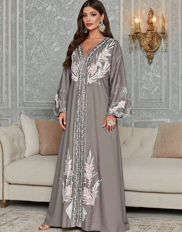 Autumn Jalabiyas Loose Casual Long Dress V-neck Sleeveless A-line Skirt Style Women's Arab Robe Fashion Muslim Clothing