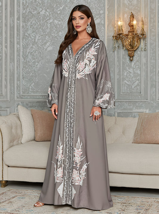 Autumn Jalabiyas Loose Casual Long Dress V-neck Sleeveless A-line Skirt Style Women's Arab Robe Fashion Muslim Clothing