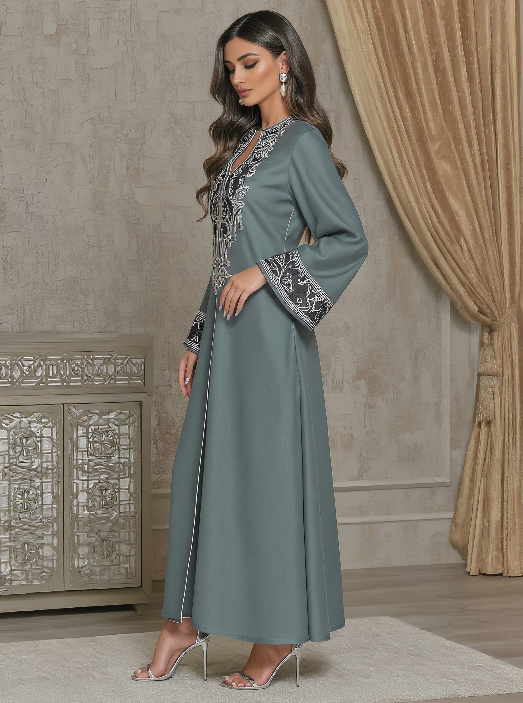 Autumn Jalabiyas Loose Fit Long Dress Casual Split Neck Straight Sleeve Women's Muslim Fashion Arabic Robe