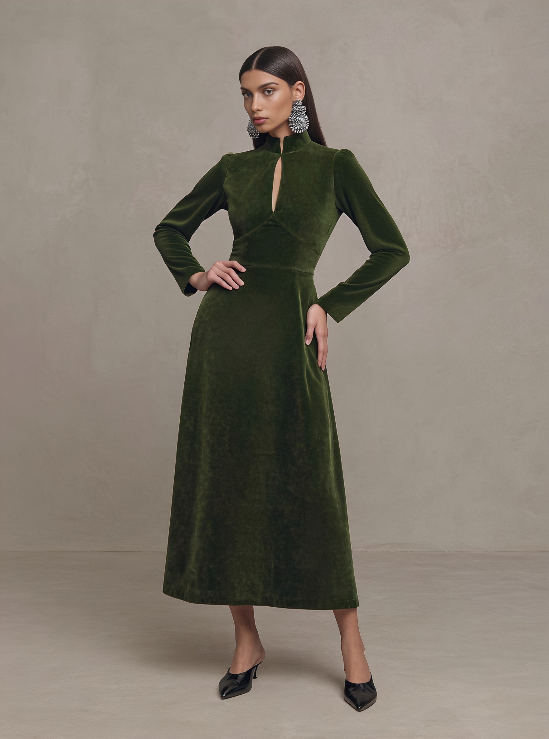 Autumn Tight Fit Midi Dress Chinese Style Qipao Collar Straight Sleeve Casual A-Line Skirt Long Evening Gown Women's Fashion