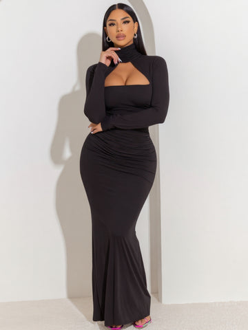2025 Autumn Women's Dresses Sexy Plain Long Sleeve High Neck Ruched Cut-Out Elegant Sheath Maxi Evening Dress