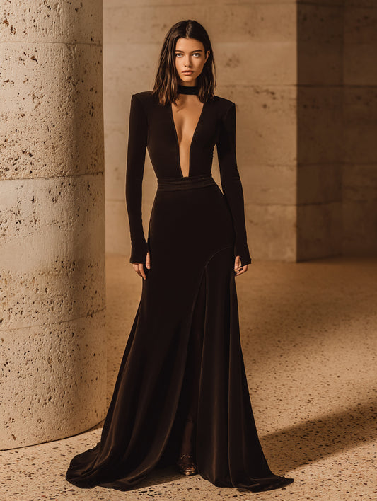 2025 Autumn Dresses Women's Sexy Solid Color Long Sleeve Crew Neck Cut-Out Nipped Waists Maxi Evening Dresses