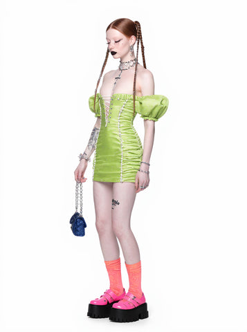 Casual Short Skirt Dress Autumn Tight Fit Bubble Sleeve One Shoulder Wrap Style Women's Clothing Fashion Trend