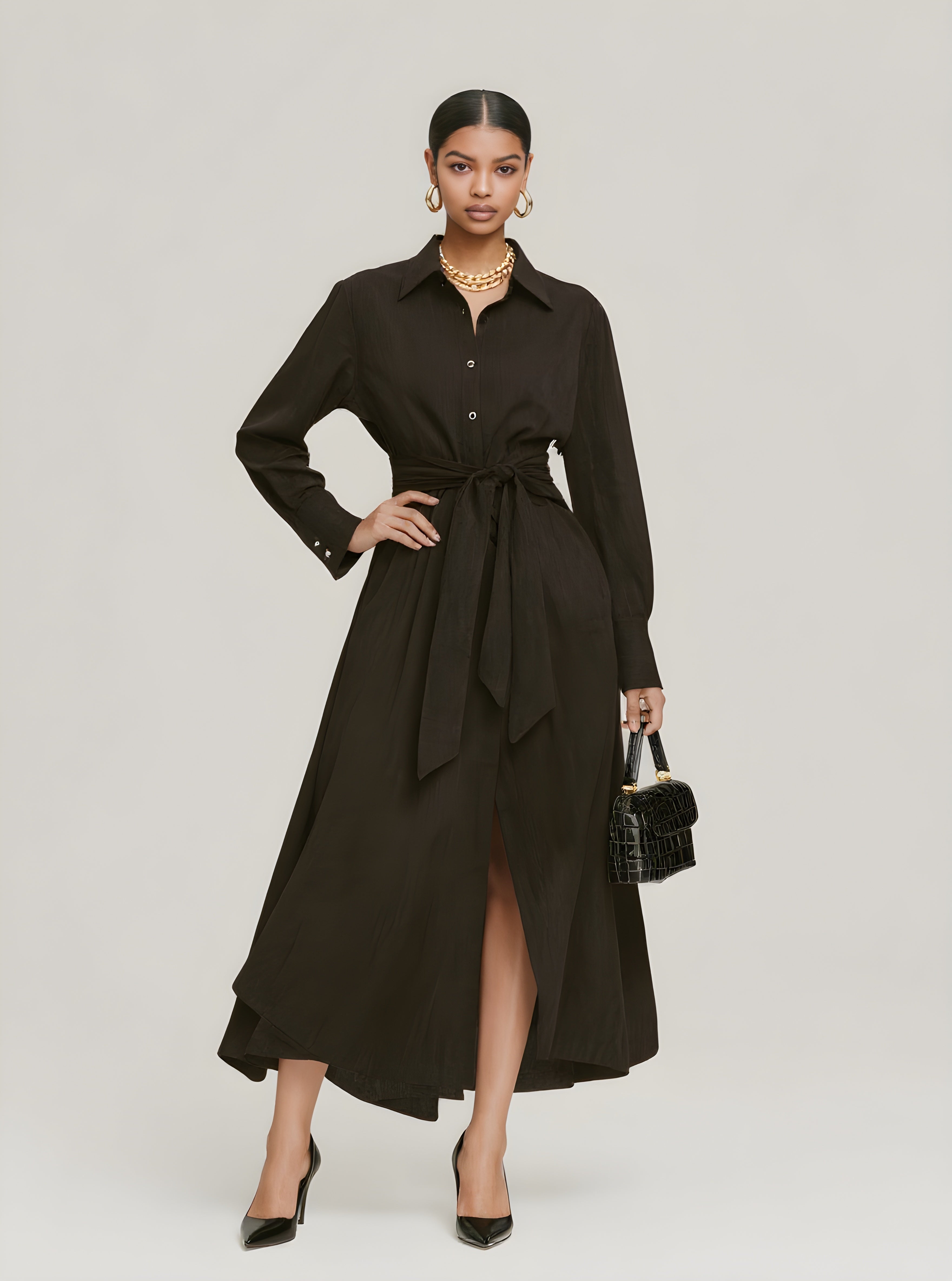 Autumn Dresses 2025 Women's Decent Plain Long Sleeve Shirt Collar Lace-Up Office Lady Midi A-Line Dresses