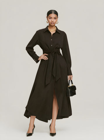 Autumn Dresses 2025 Women's Decent Plain Long Sleeve Shirt Collar Lace-Up Office Lady Midi A-Line Dresses