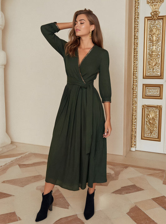 Autumn Casual Fit A-Line Dress Mid-Length Straight Sleeve V-Neck Dress Women's Fashion Spring Summer Autumn Winter Dress