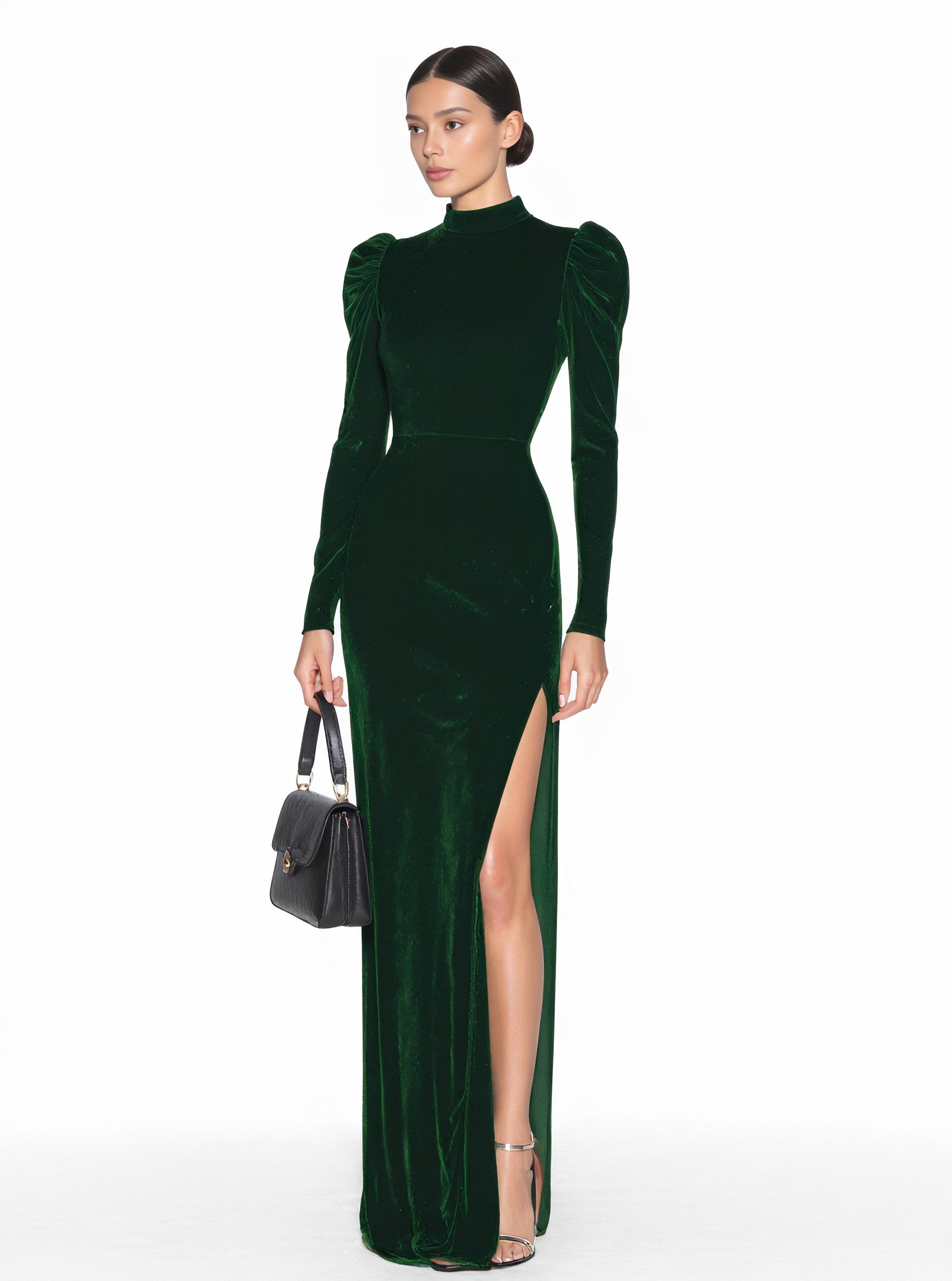 Casual Mid-Length A-Line Dress High Collar Bubble Sleeves Body-Fitting Autumn Fashion Women's Clothing Dress