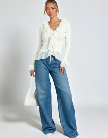 Women's Sweet And Spicy V Neck Lace Knitted Cardigan Long-Sleeved Ruffled Top Autumn Design for Casual Wear