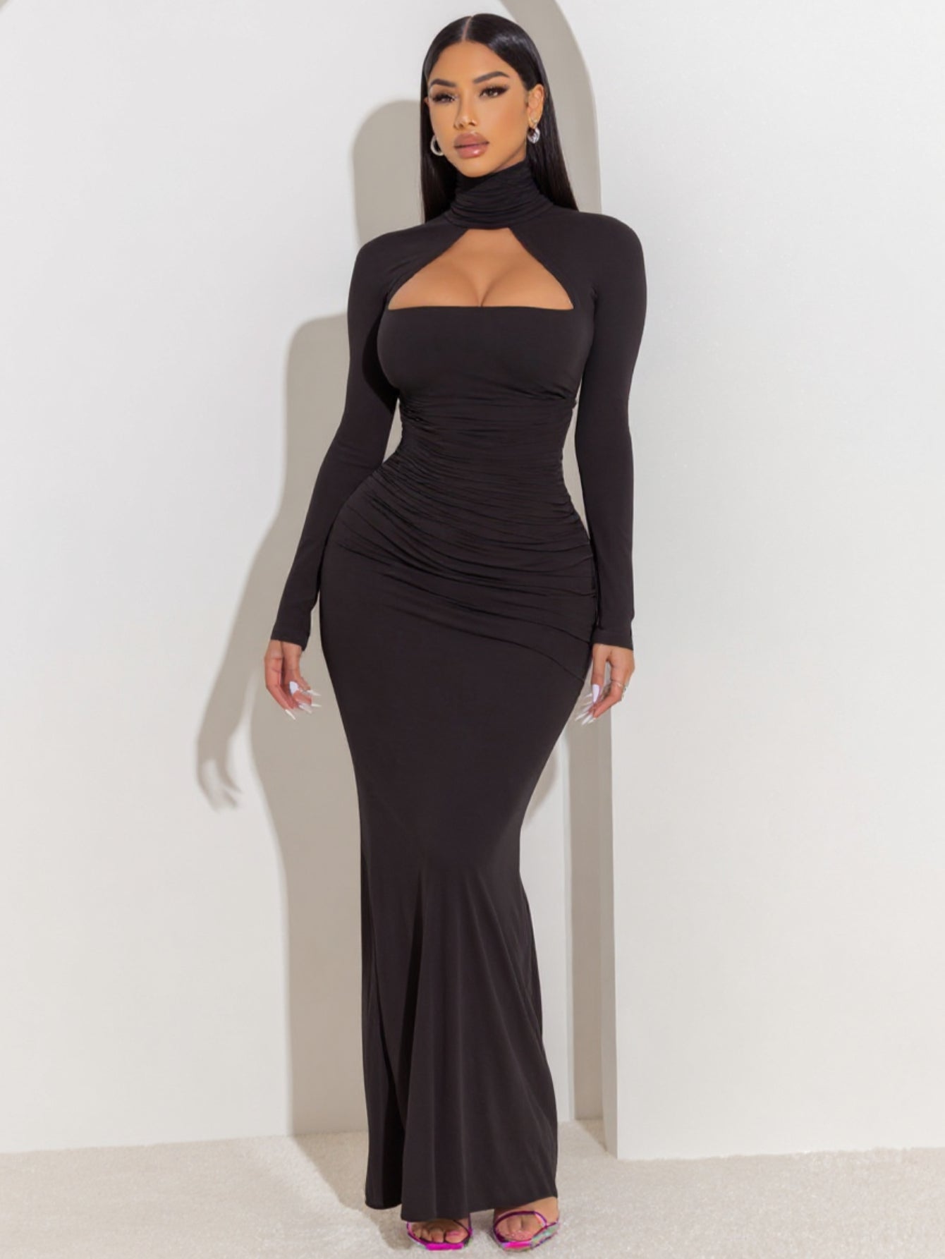 2025 Autumn Women's Dresses Sexy Plain Long Sleeve High Neck Ruched Cut-Out Elegant Sheath Maxi Evening Dress