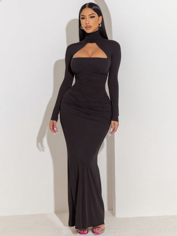 2025 Autumn Women's Dresses Sexy Plain Long Sleeve High Neck Ruched Cut-Out Elegant Sheath Maxi Evening Dress