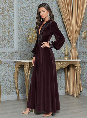 Autumn Casual Fit A-Line Dress Long Lantern Sleeve V-Neck Mid-Length Skirt Muslim Fashion Women's Dress