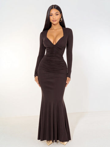 2025 Autumn Women's Dresses Sexy Plain Long Sleeve Sweetheart Neck Ruched Elegant Maxi Mermaid Evening Dress