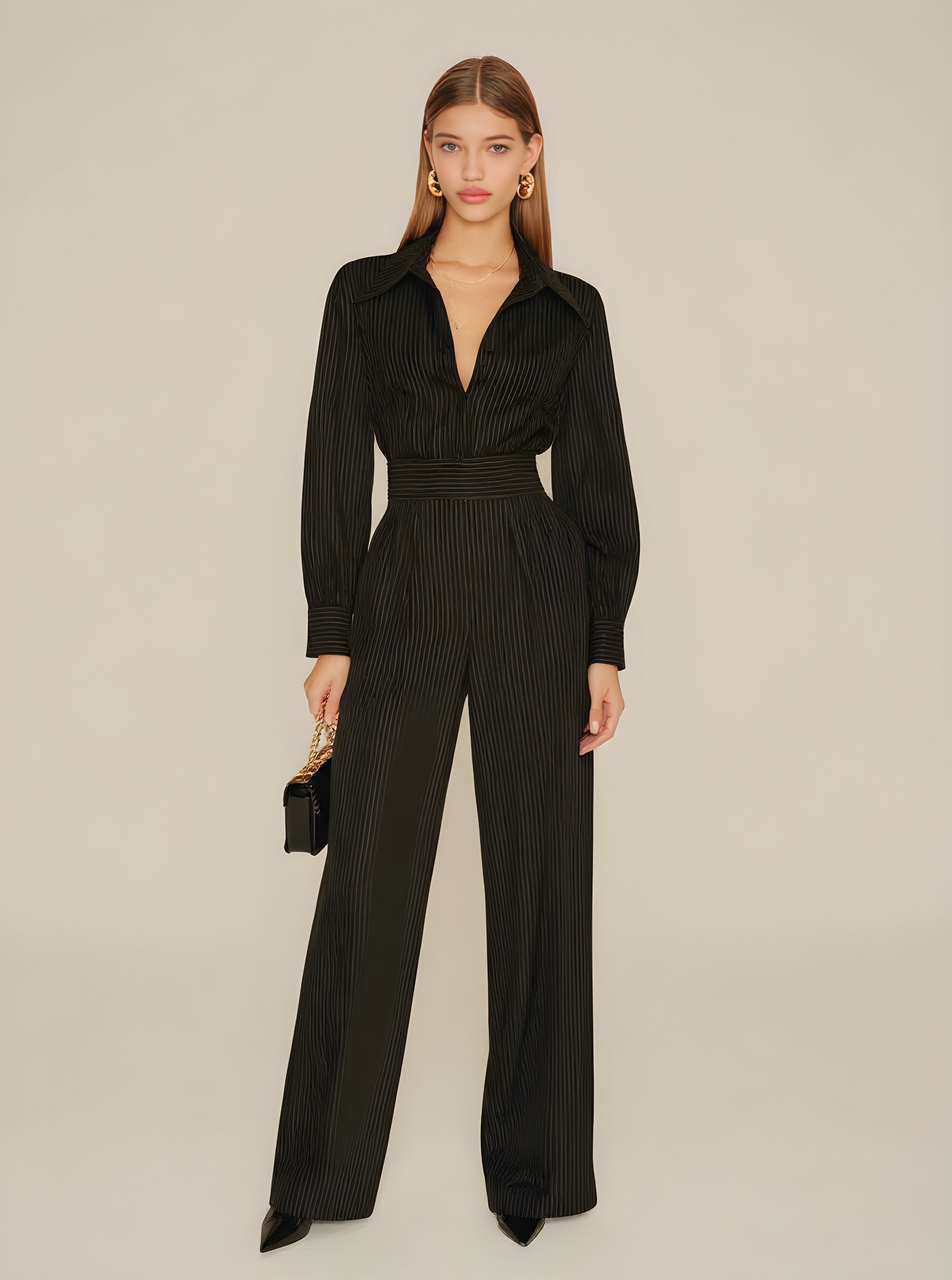 Women's Autumn Sets Fashion Basics Stripes Long Sleeve Lapel Top Natural Waist Full Length Straight Pants Sets