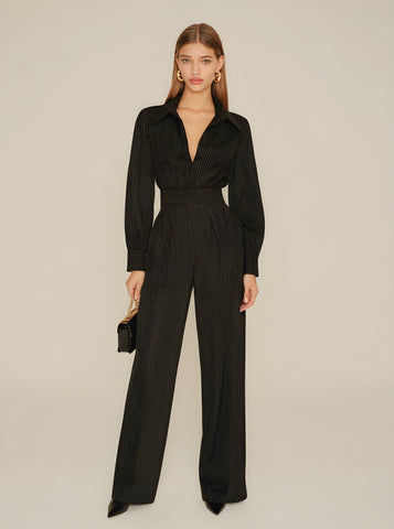 Women's Autumn Sets Fashion Basics Stripes Long Sleeve Lapel Top Natural Waist Full Length Straight Pants Sets