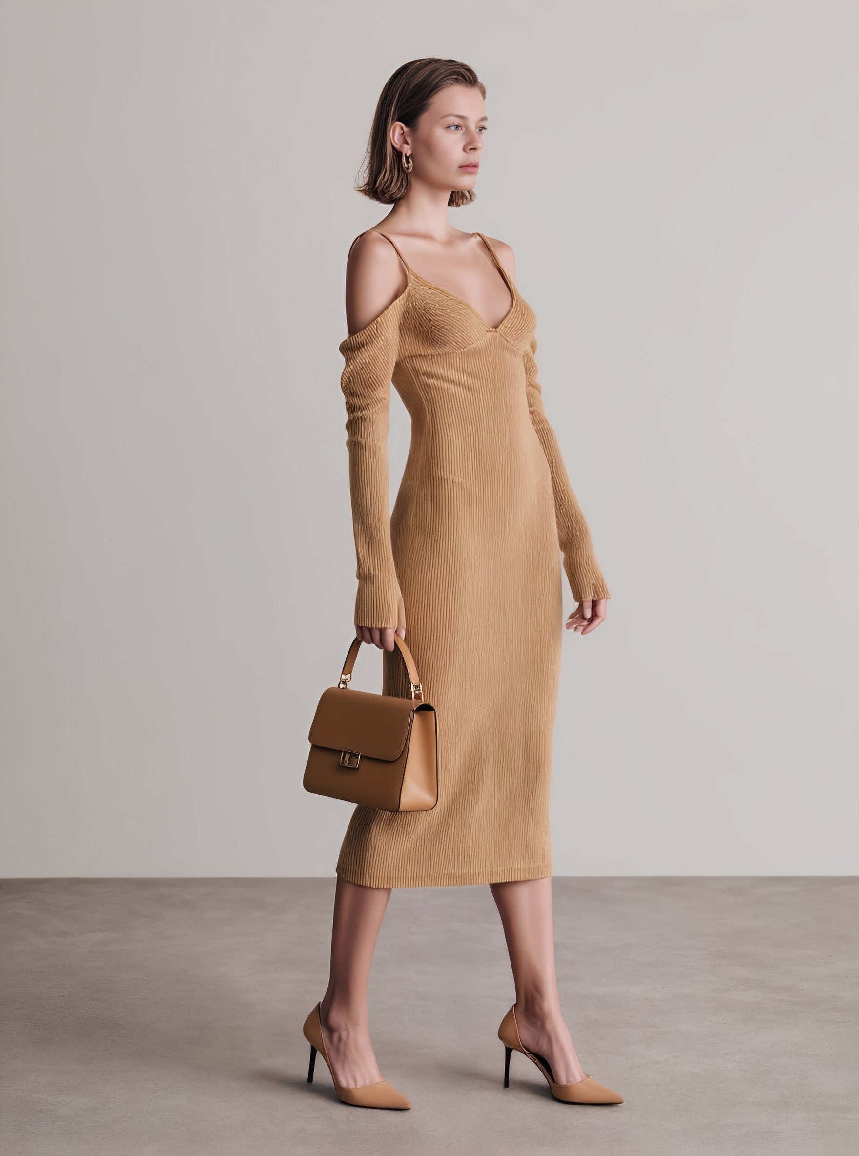 Autumn Tight Fit Casual Style Midi Dress With Sling Strap Straight Skirt No Collar Women's Fashion Clothing