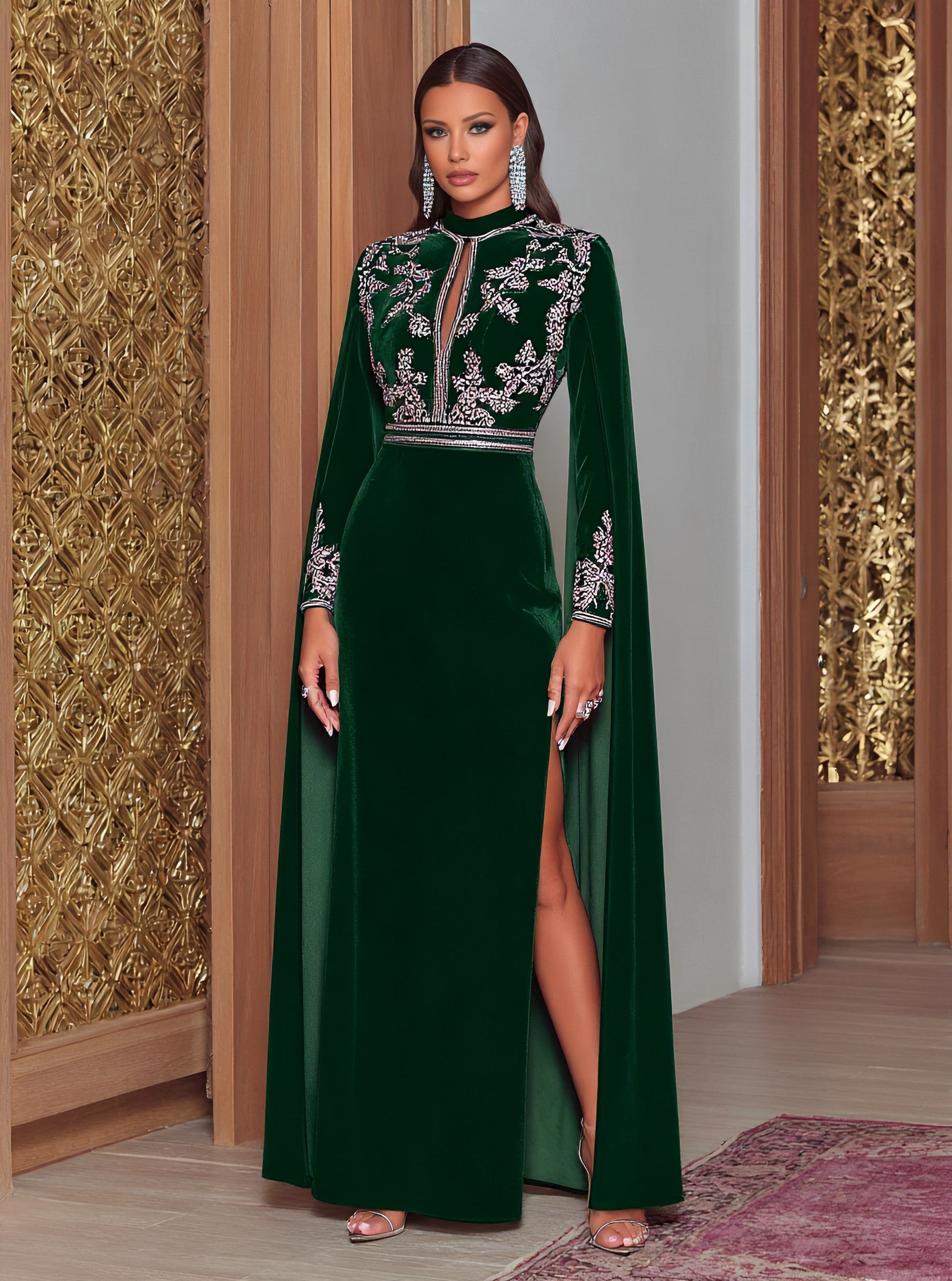 Casual Long Dress With Slit Sleeves And Stand Collar For Women Autumn Fashion Muslim Clothing Elegant Style