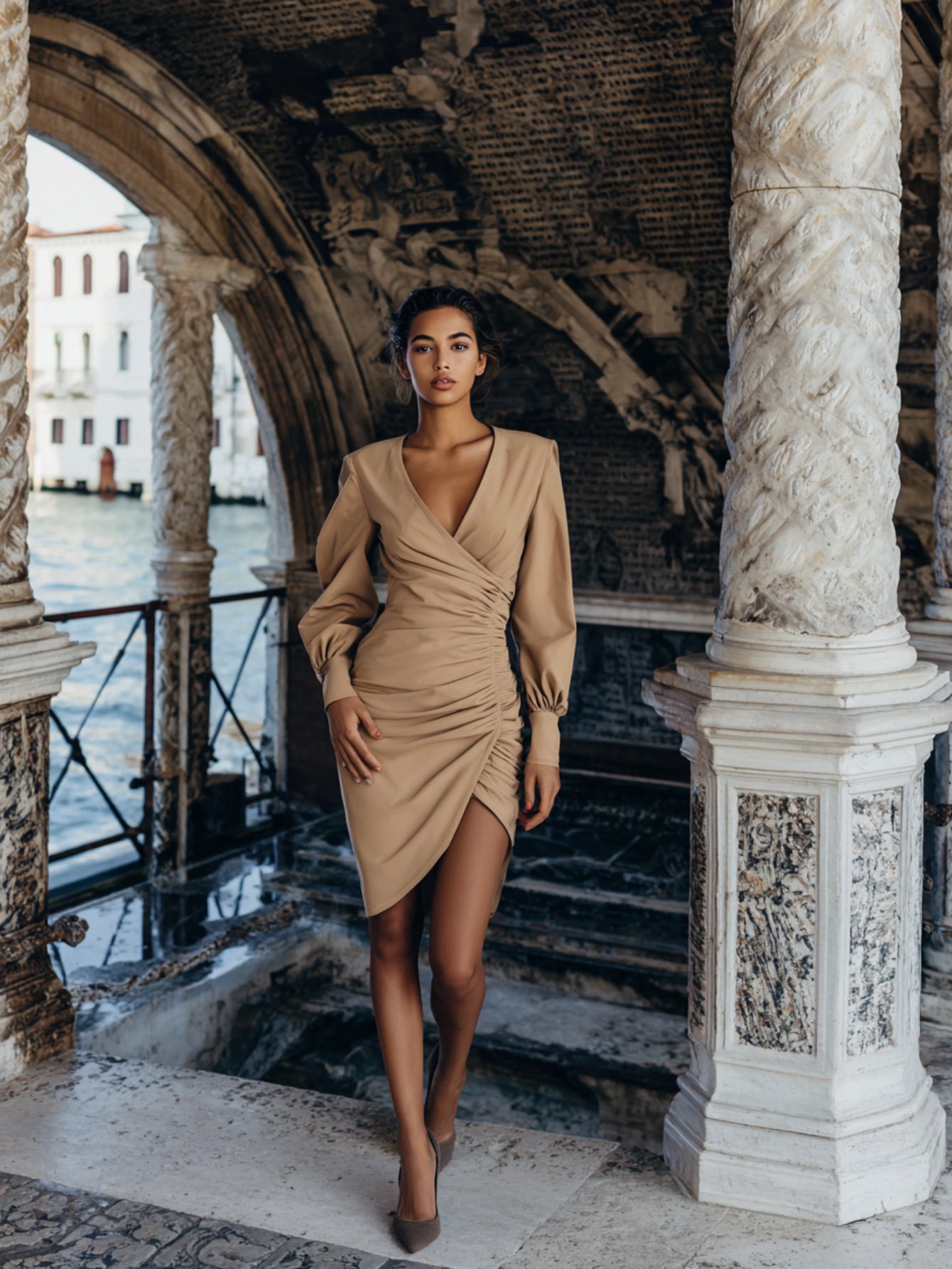 Women's Dress Autumn Elegant 2025 Plain V-Neck Wrap Long Sleeve Ruched Bodycon Mini Side Slit Party Dress