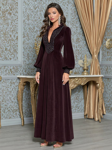 Autumn Casual Fit A-Line Dress Long Lantern Sleeve V-Neck Mid-Length Skirt Muslim Fashion Women's Dress