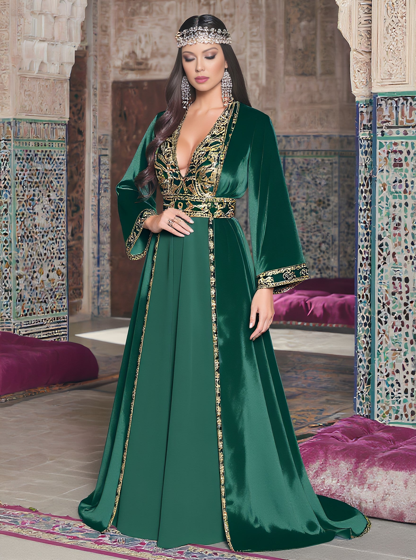 Loose Fit Casual Dress Autumn V Neck Long Straight Sleeve Floor Length A-Line Skirt Muslim Fashion Women's Dress