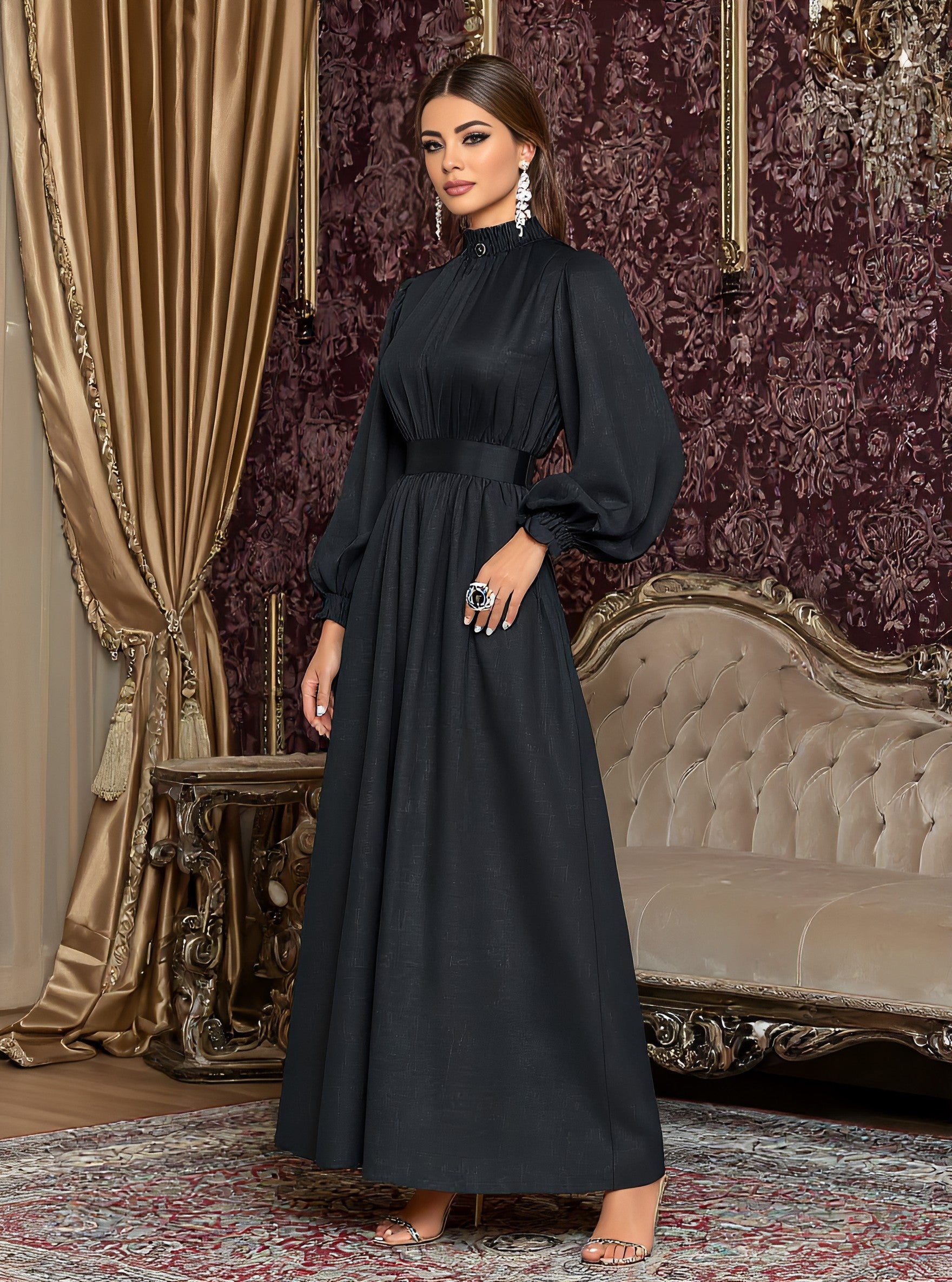 Casual Mid-Length A-Line Dress Half-High Collar Lantern Sleeve Body-Fitting Muslim Women's Fashion Dress