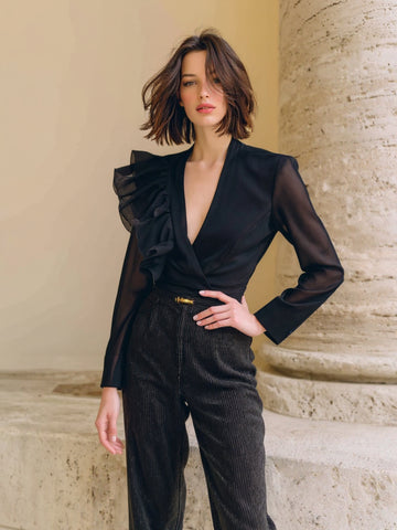 Autumn Shirts 2025 Women's Decent Plain Flounce Sheer Long Sleeve V-Neck Asymmetrical Basics Shirts