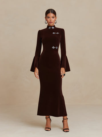 Autumn Dresses 2025 Women's Elegant Plain Long Flare Sleeve Mandarin Collar Mermaid Party Midi Dress